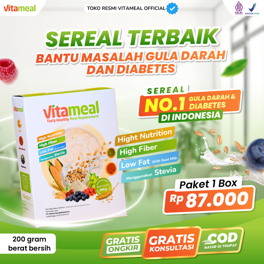 

VITAMEAL Sereal Diabetes Multigrain Ampuh Turunkan Gula Darah Tinggi Mengatasi Diabetes dan Kolesterol 100% Alami Tanpa Efek Samping Camilan Sehat Rendah Kalori Meal Replacement