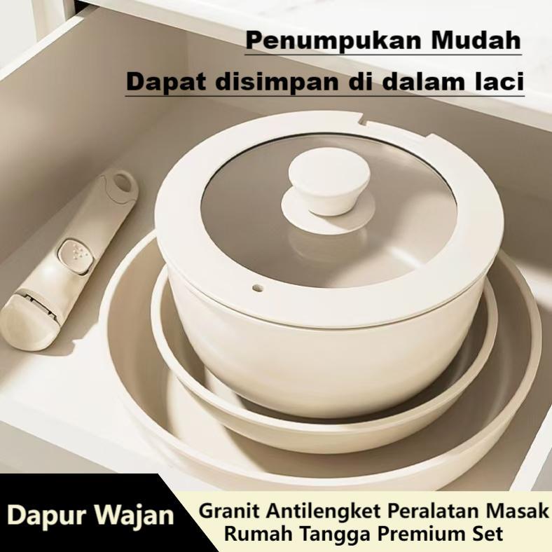 Granit Panci 3pcs Masak Dapur Wajan Set Granit Putih Antilengket Peralatan Masak Gagang Dapat Dilepa