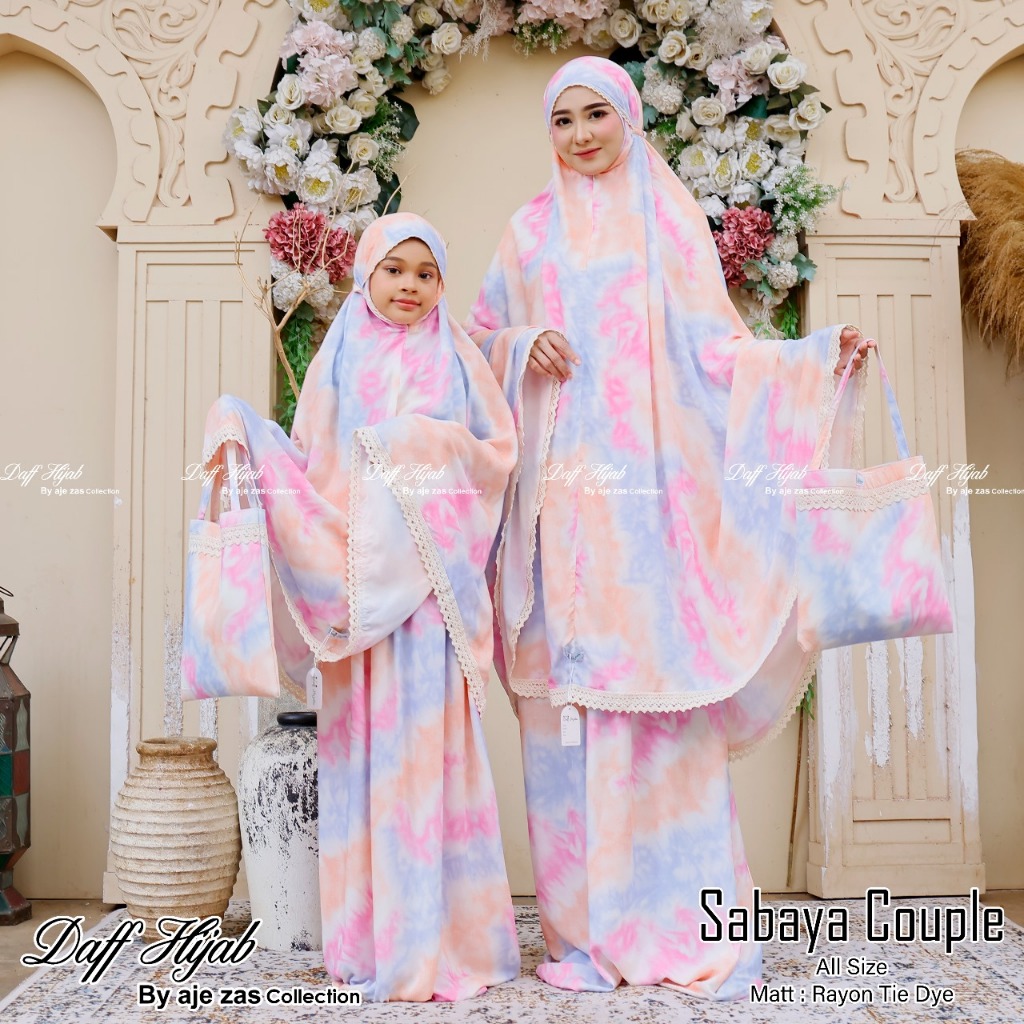 MUKENA COUPLE MOM AND KIDS SABAYA BAHAN KRINGKLE MOTIF TIE DYE RENDA IMPORT