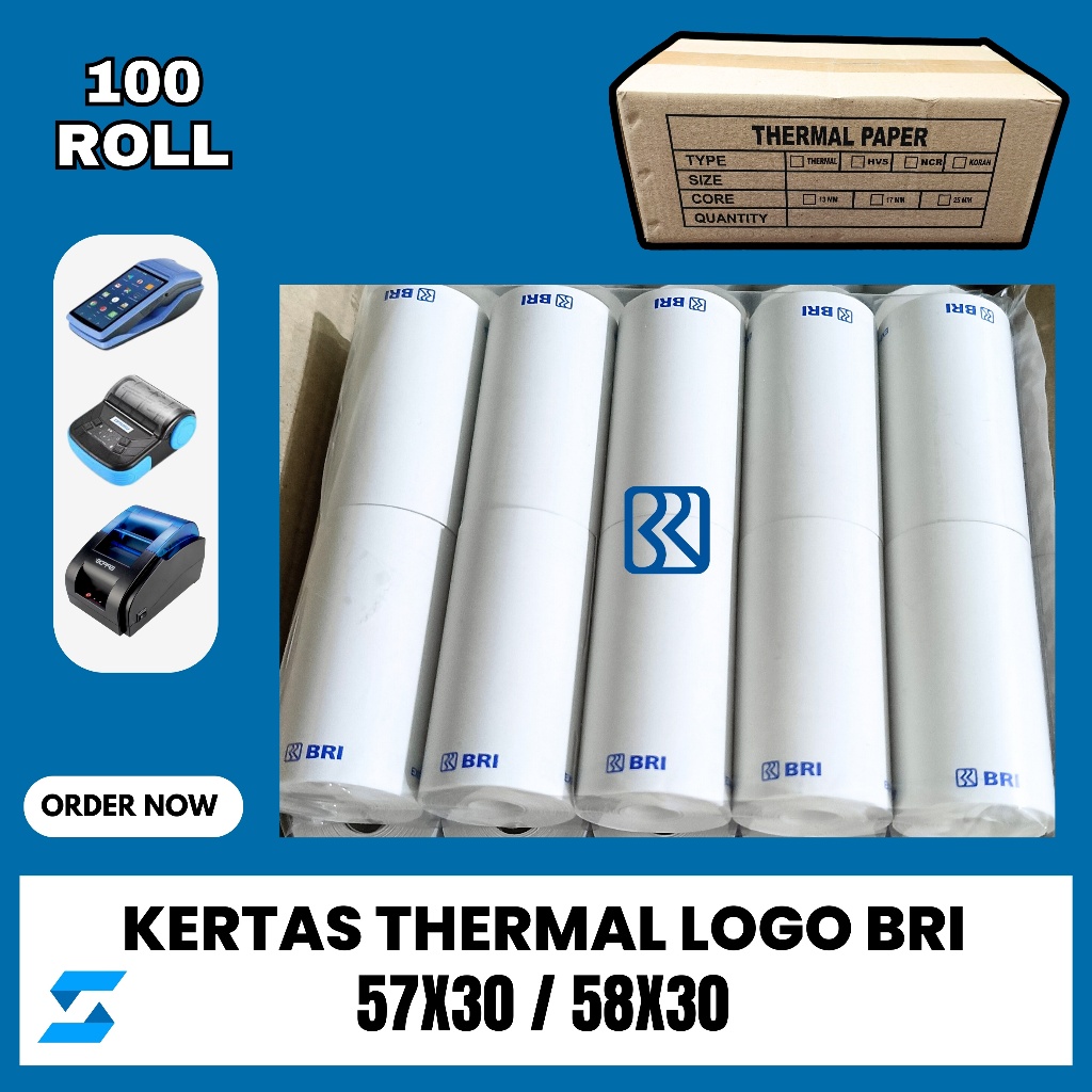 

100 ROLL KERTAS THERMAL LOGO BRI 57X30 / 58X30