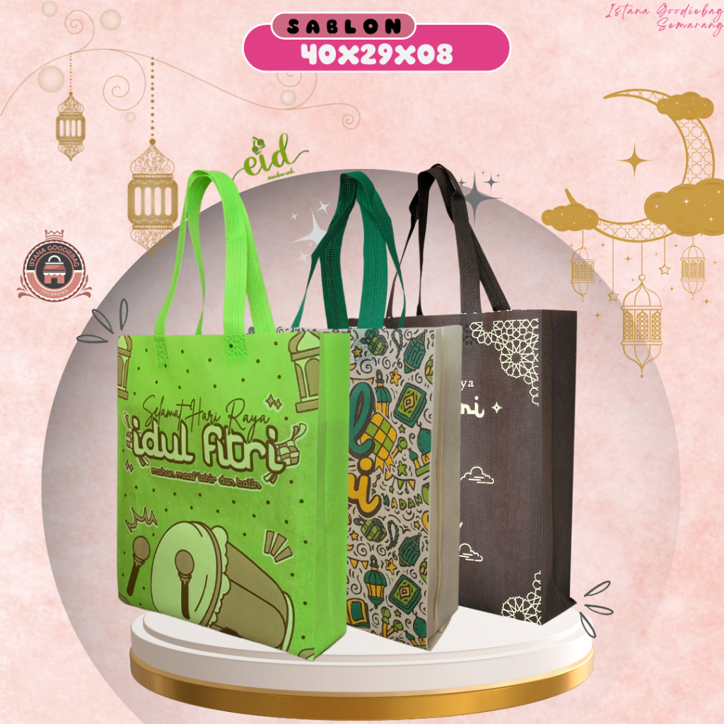 

goodie bag lebaran | tas lebaran | hampers lebaran kekinian | Tas Spundbond sablon 40x29x08