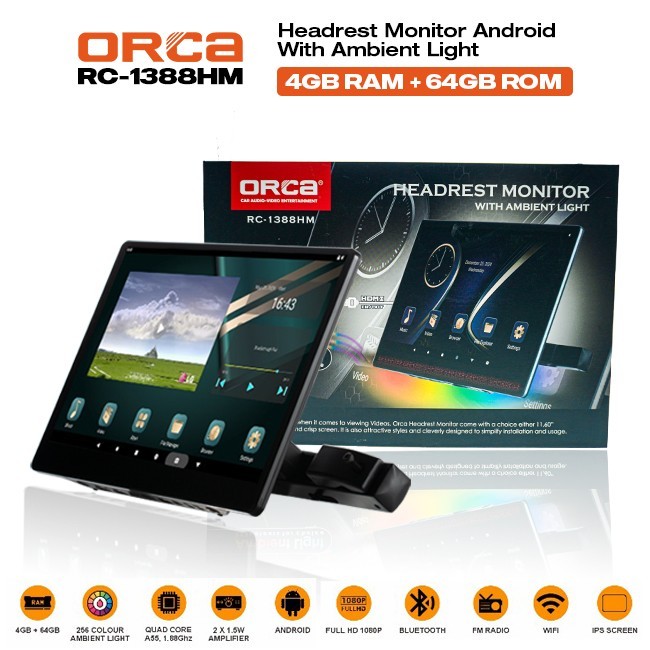 Headrest Monitor Android 13 Inch / 11 Inch ORCA RC-1388HM Ram 4/64GB Android 13