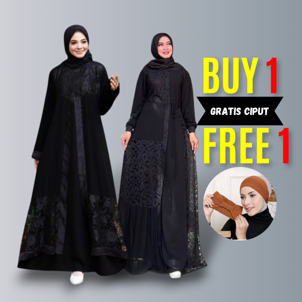 Turkey 01 Gamis Abaya Hitam GRATIS CIPUT Bahan Jetblack Kombinasi Brokat dan Renda Terbaru  Lebaran 