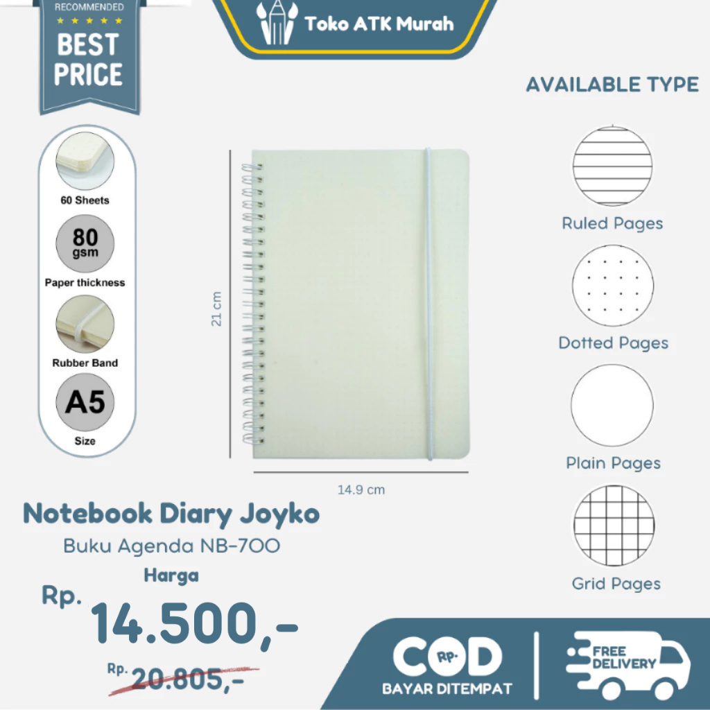 

Notebook Ring A5 Joyko NB-700 Grid / Plain / Ruled / Dotted Notebook Motif Garis Kotak Titik-Titik Polos