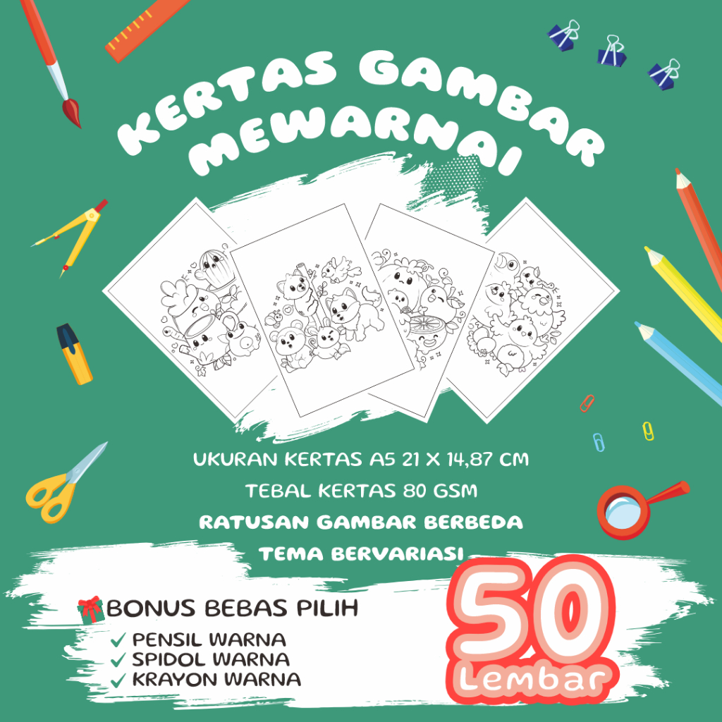 

50 Lembar Kertas Mewarnai Anak Bergambar + BONUS | Ukuran A5 80 GSM | Tebal & Tidak Tembus