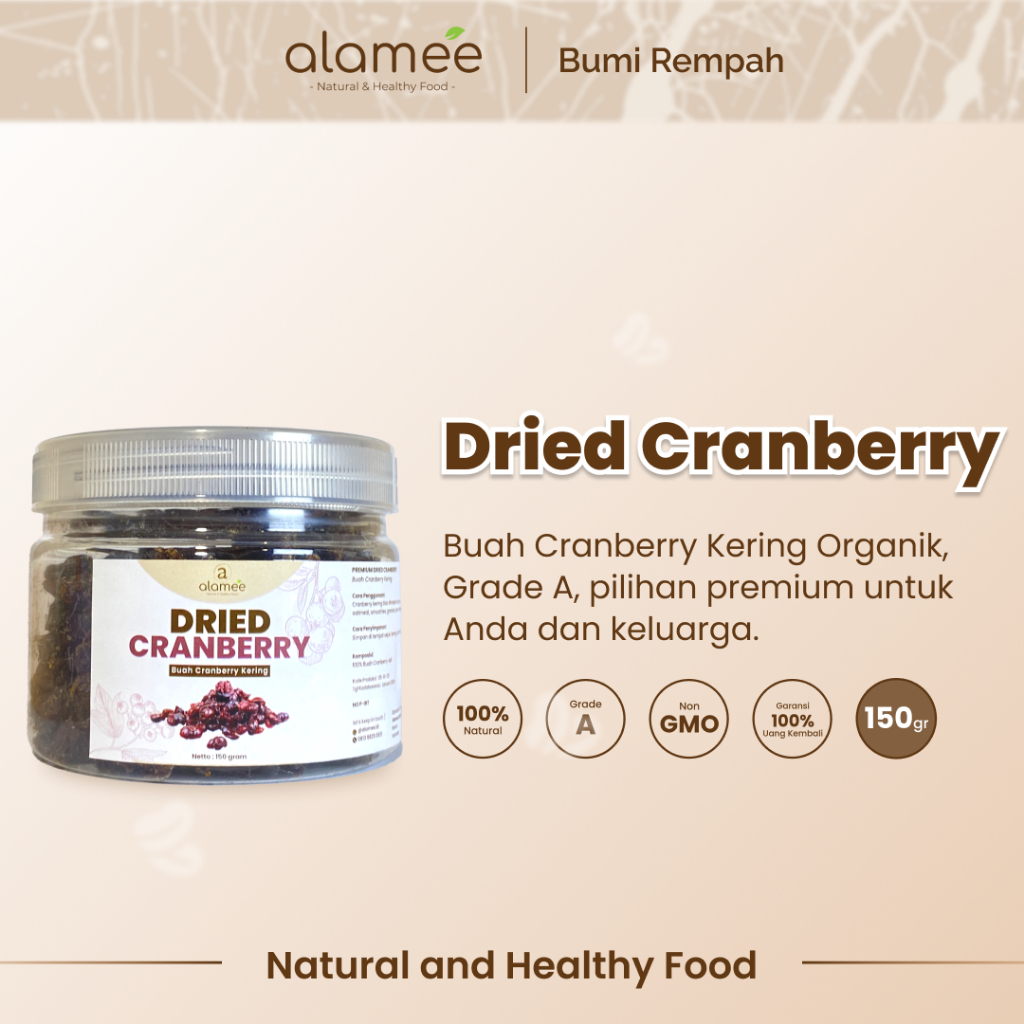 

ALAMEE Cranberry Kering Cemilan Buah Sehat Rendah Kalori Dried Cranberry Natural 100% Premium 150gr