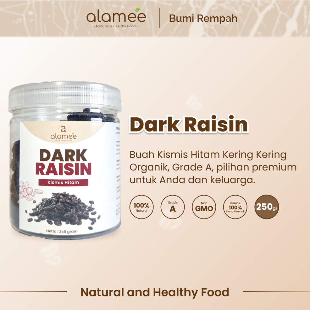 

ALAMEE Dark Raisin Cemilan Buah Sehat Kismis Hitam Manis Dried Fruit Black Raisin PREMIUM 250gr