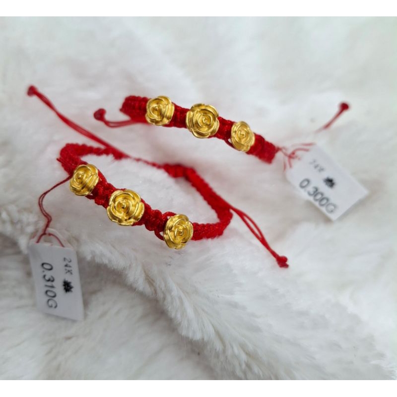 Gelang Emas Asli 3 Mawar 24K Hongkong 999% Tali Kepang Merah