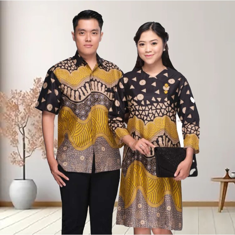 Baju Pasangan Couple Kemeja Dress Kerja Batik Luna Katun Kuning