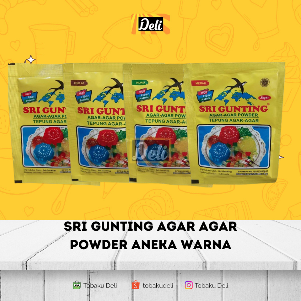 

Tepung Agar Agar Jelly Puding Sri Gunting Saset 8gr Aneka Warna (Putih, Merah, Hijau, Coklat)