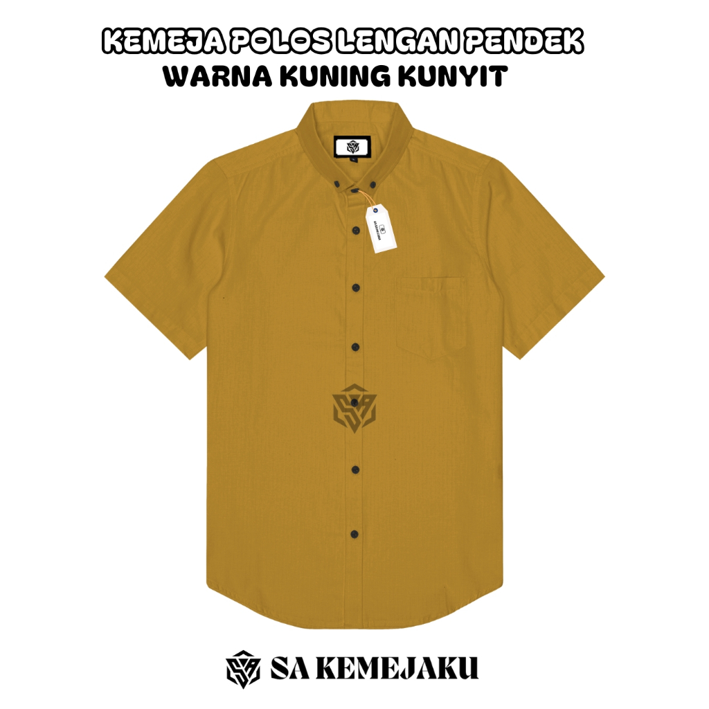 Kemeja pria lengan pendek polos warna mustard kuning kunyit casual slimfit hem pria katun