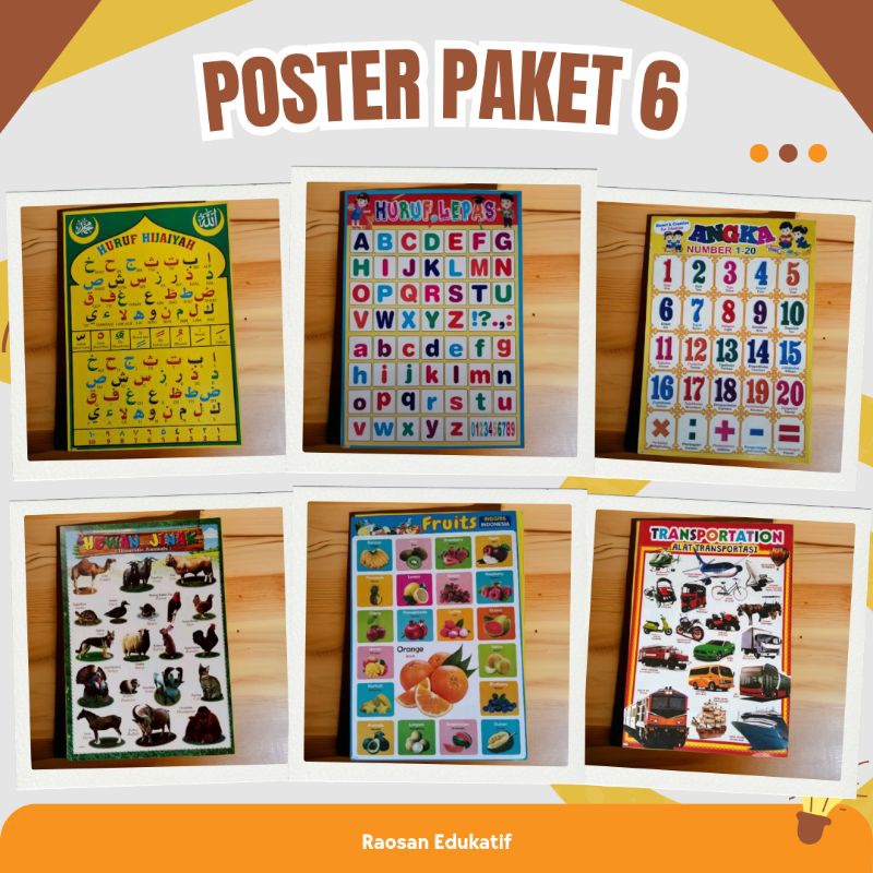 Paket 6 Poster Edukasi Anak Lengkap Belajar Gambar Dinding Estetik huruf Buah Angka Binatang Murah