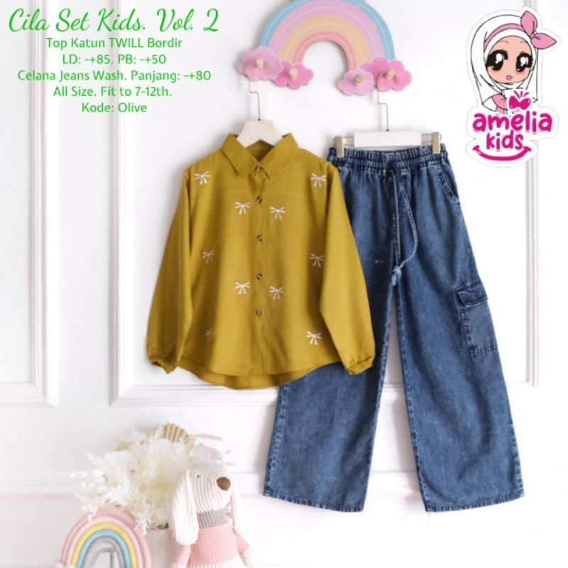 Cila Setelan Anak Jeans Kulot Mix Rayon (Amelia Kids)
