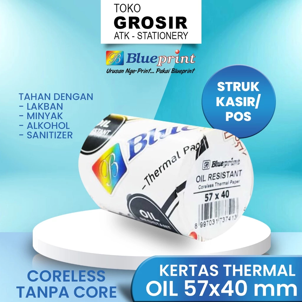 

57x40 Oil Roll Kertas Struk TAHAN LAKBAN BLUEPRINT Thermal Oil 57x40 mm 1Roll - Foxy Grosir Market