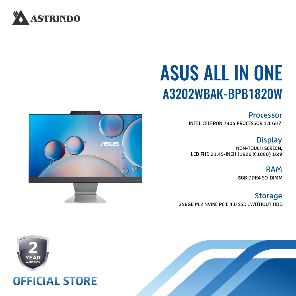 Asus PC Desktop AiO (All In One) A3202WBAK Intel Celeron 7305 8GB/256GB SSD DDR4 FHD Win 11 - Black