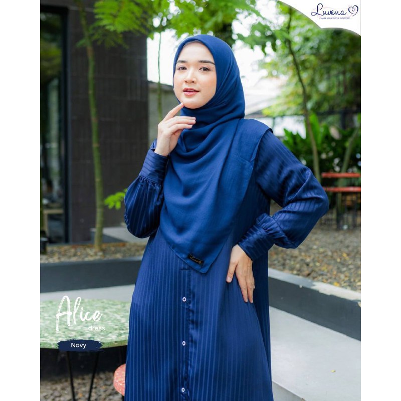 Alice Dress muslim bahan athena stripes kancing depan salur navy hitam blush pink tan sea salt origi