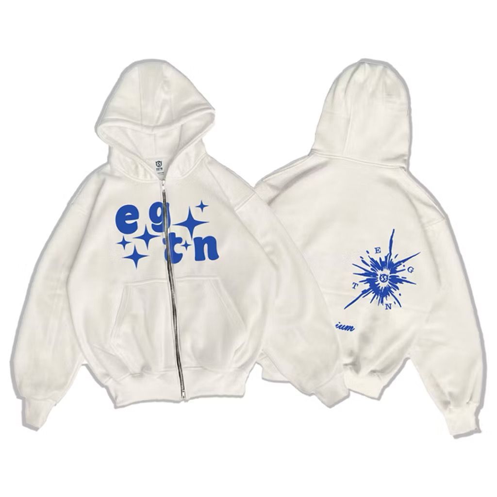 Hoodie Boxy Doubel Zipper Star Bintang Broken White Pria Wanita Premium Ori Full Tag & Label