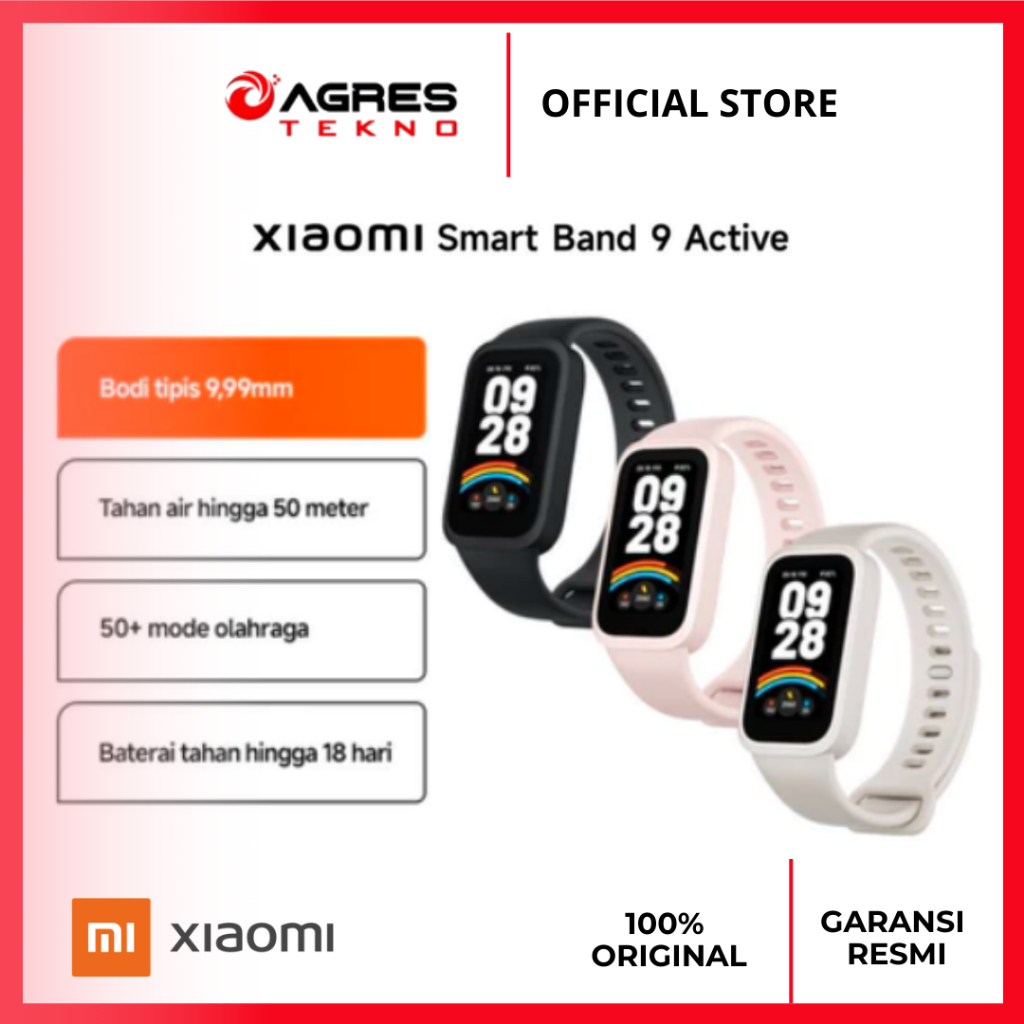 Xiaomi Smart Band 9 Active | Bodi 9,99mm | Tahan Air Hingga 50 Meter | 50+ Mode Olahraga | Baterai H