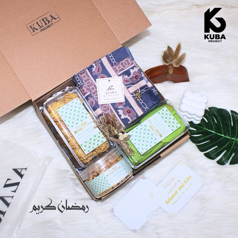 

Hampers Kue Kering & Hijab | Hampers Lebaran Kue Kering & Sajadah | Parcel Lebaran Idul Fitri by Kuba Project