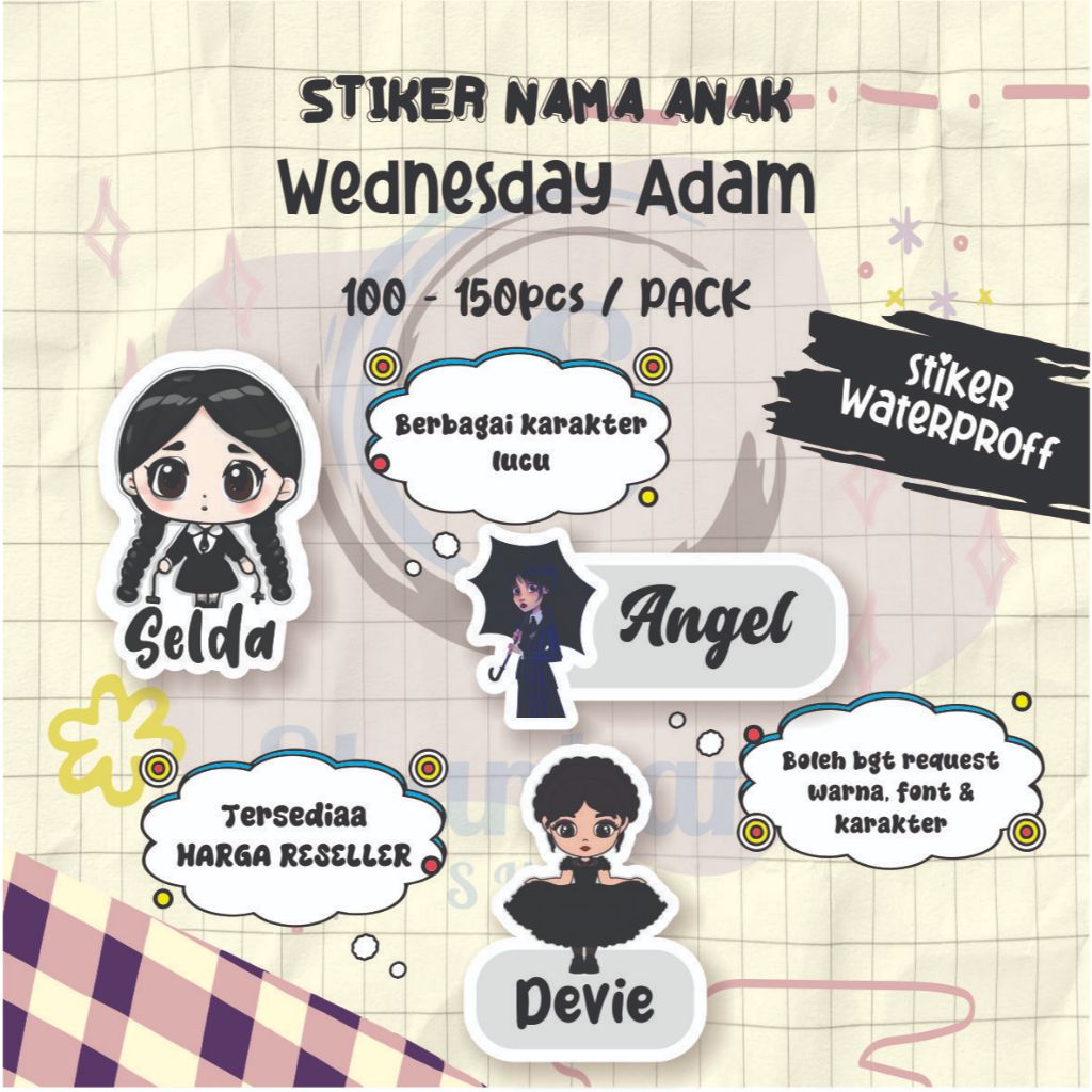 

( 100-150pcs) Stiker Nama TEMA WEDNESDAY ADAM / Stiker Nama Custom / Stiker Nama Waterproff / Stiker Efek Hologram