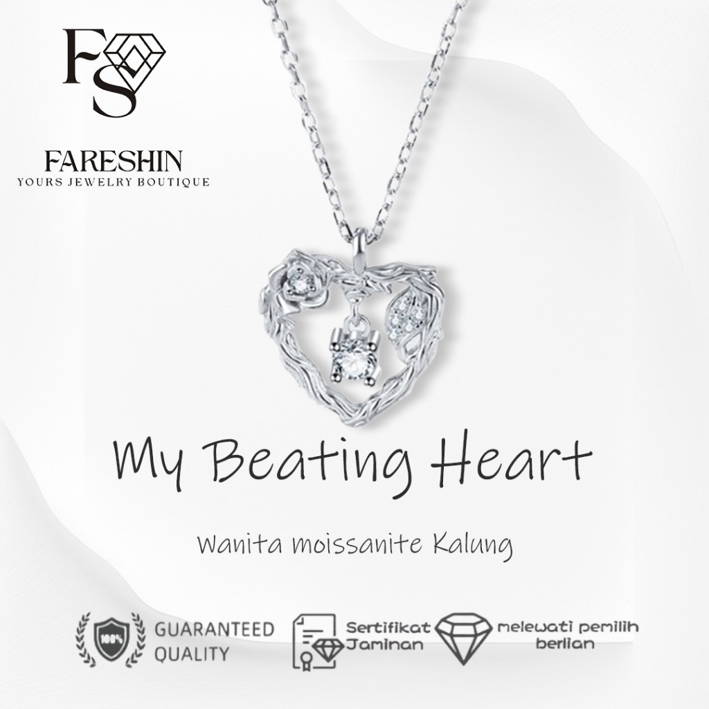 Fareshin Kalung Wanita Moissanite GRA Beating Heart Necklace