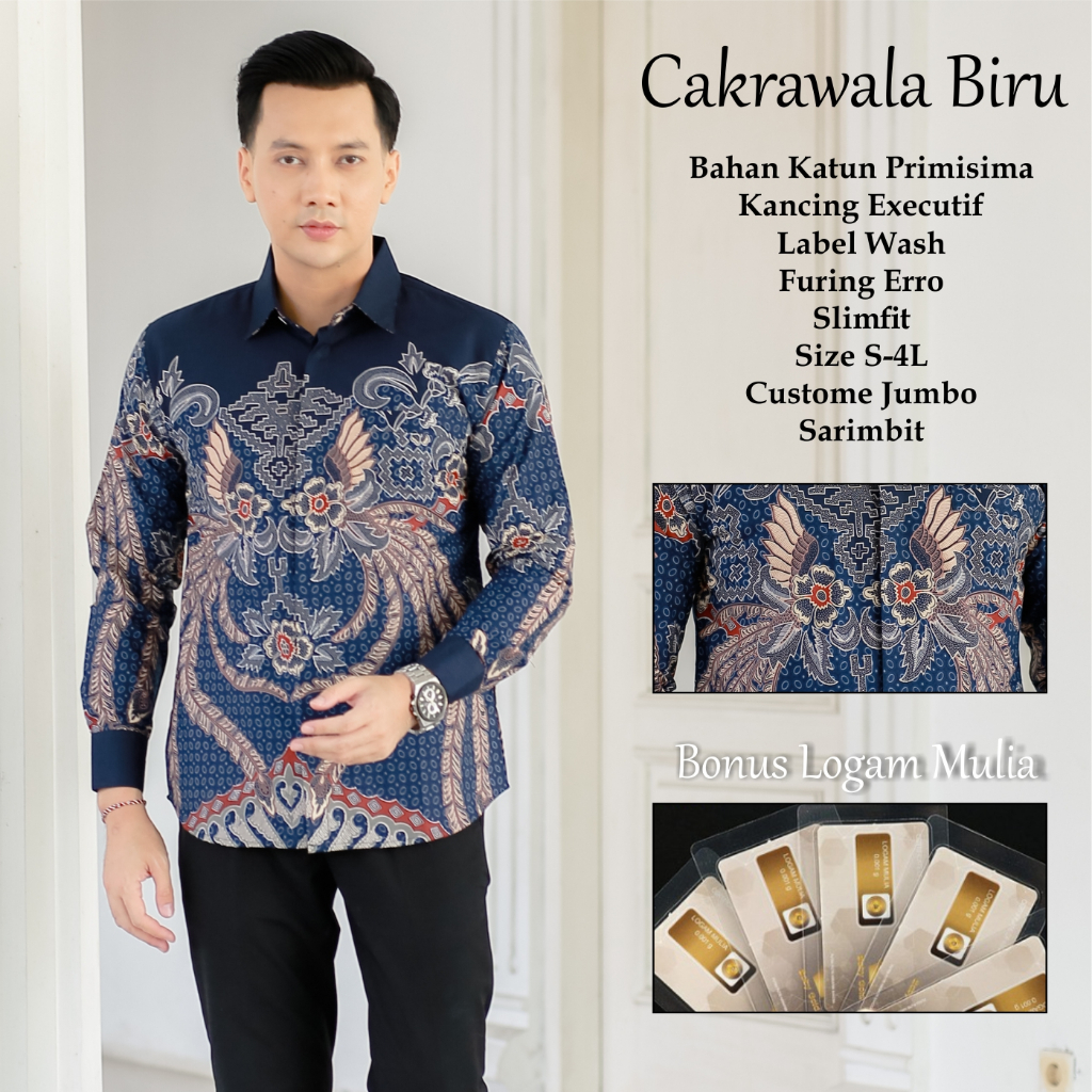 PERKASA BATIK Motif Cakrawala Biru Atasan Kemeja Batik Pria Premium Lengan Panjang Slimfit Bahan Kat