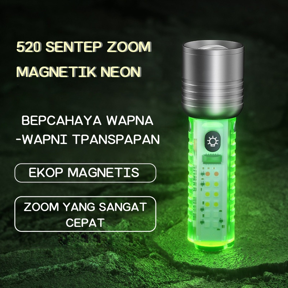 Senter Maghnet Zoom in out Cas 8 Mode Warna 30W Waterproof Flashlight 520A
