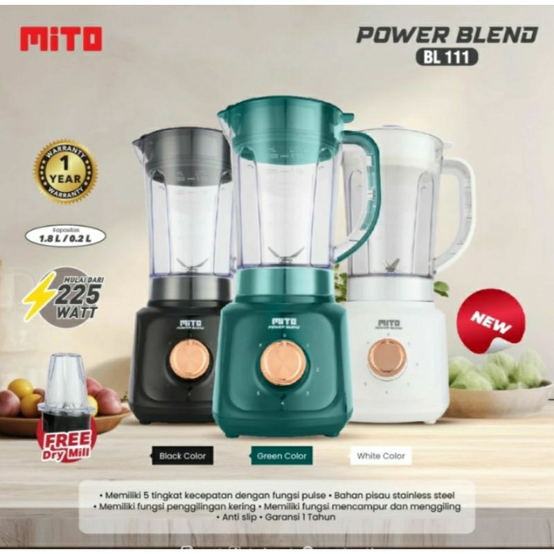 Mito Blender Plastik Mito BL111 Blender Mito 1.8 Liter Low Watt 225 Watt