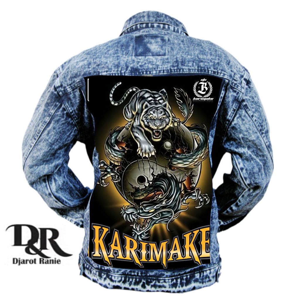 Eta Karimake jaket jeans pria warna snow blue printing gambar belakang naga hitam M L XL XXL