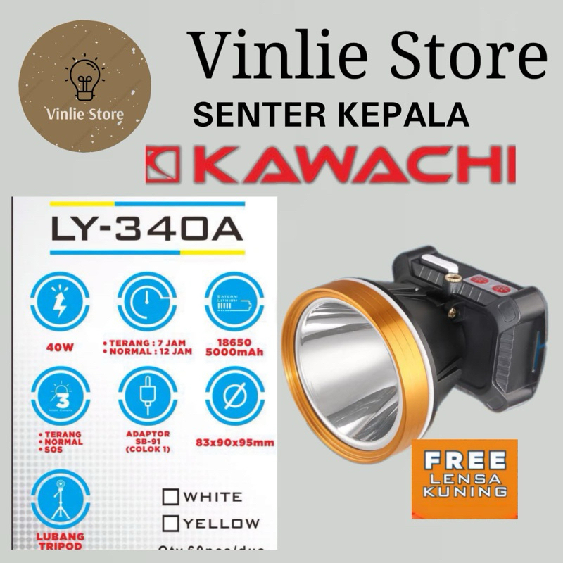 Senter Kepala 40WATT KAWACHI Cahaya Putih & Kuning dalam satu senter