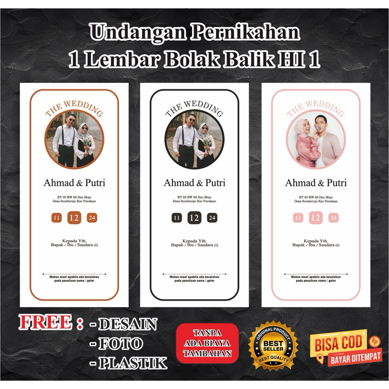 Undangan Pernikahan 1 Lembar Bolak Balik HI 1 ( Free Desain + Foto )