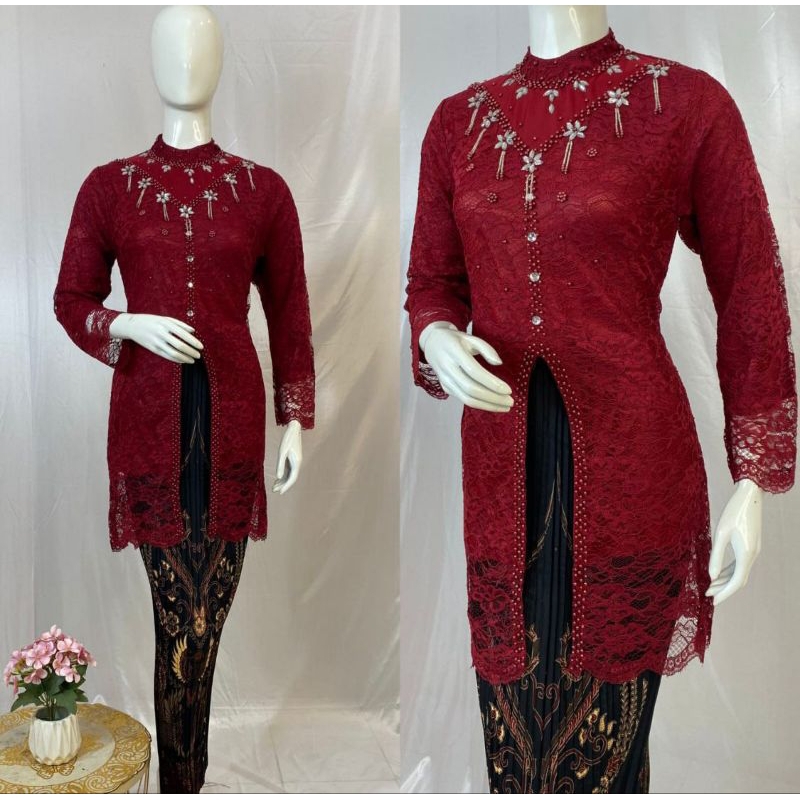 Setelan Kebaya Tunik Brokat Payet Kebaya Kondangan Mewah Atasan Kebaya Modern Tunik Full Payet Kerah
