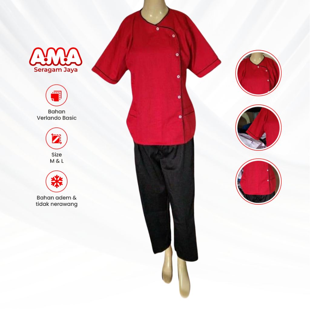 Baju Perawat Wanita Merah Hitam Seragam Oka Jaga Dinas Medis Lengan Pendek Adem Size S M L Terbaru