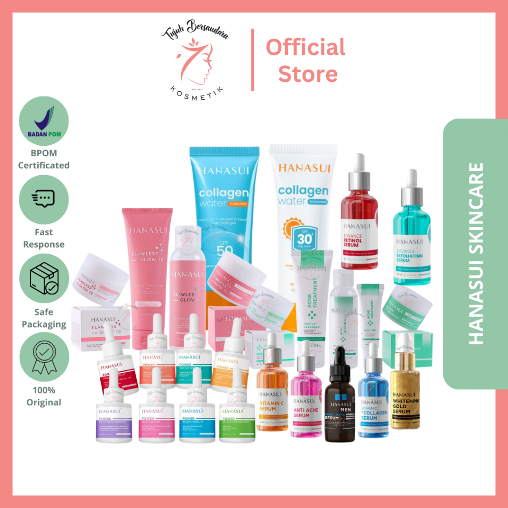 Hanasui Paket Skincare Series | Glow Expert | Acne Treatment | Serum | Moisturizer Gel | Gentle Clea
