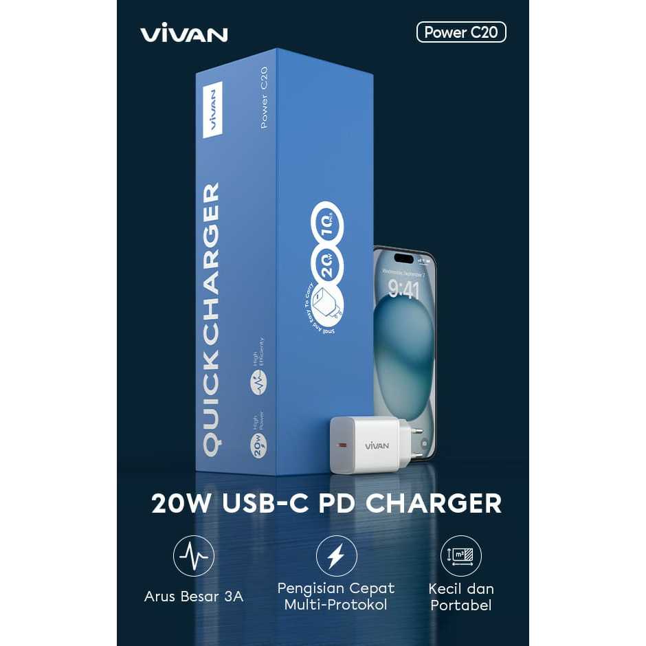 ADAPTOR iPhone 12 13 15 Vivan Smart Phone Charger Power C20 USB-C 20W Kepala Charger (isi 10pcs)