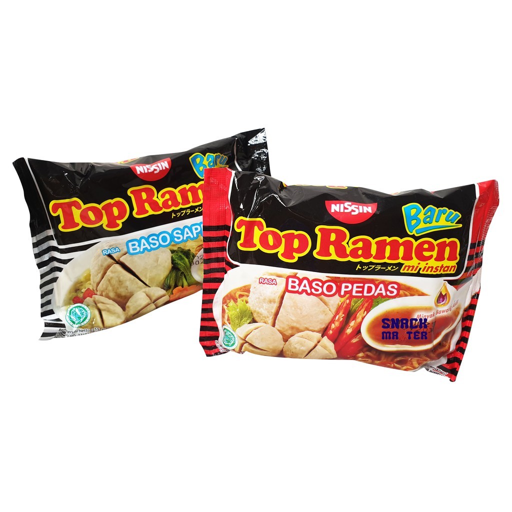 

Mie Top Ramen Besar Baru 56gr Rasa Baso Sapi & Baso Pedas