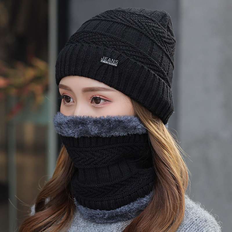 Set Topi Beanie dan Syal Rajut Musim Dingin dengan Lapisan Bulu Domba
