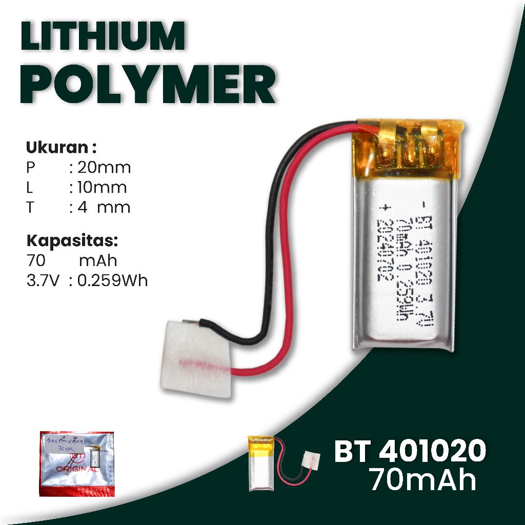 Baterai LI-ON Polimer 401020 Baterai Headset Bluetooth / TWS / Lithium Polymer 401020 3.7V (70 mAh) 