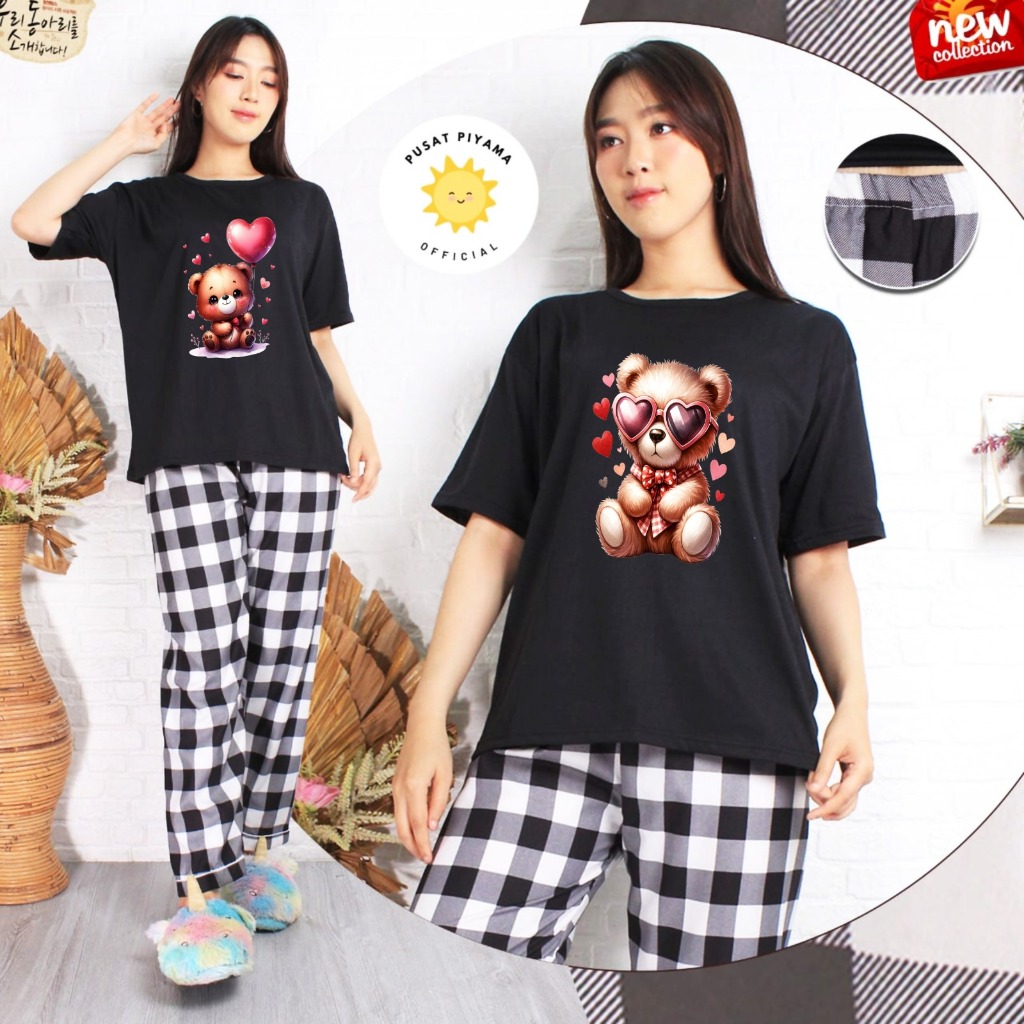 Baju Tidur Piyama Wanita Motif Lucu Beruang Lengan Pendek Celana Panjang set Pajamas Daily outfit tr