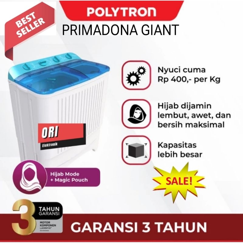 POLYTRON MESIN CUCI 2 TABUNG PRIMADONA GIANT KAPASITAS 7 KG PWM-7072