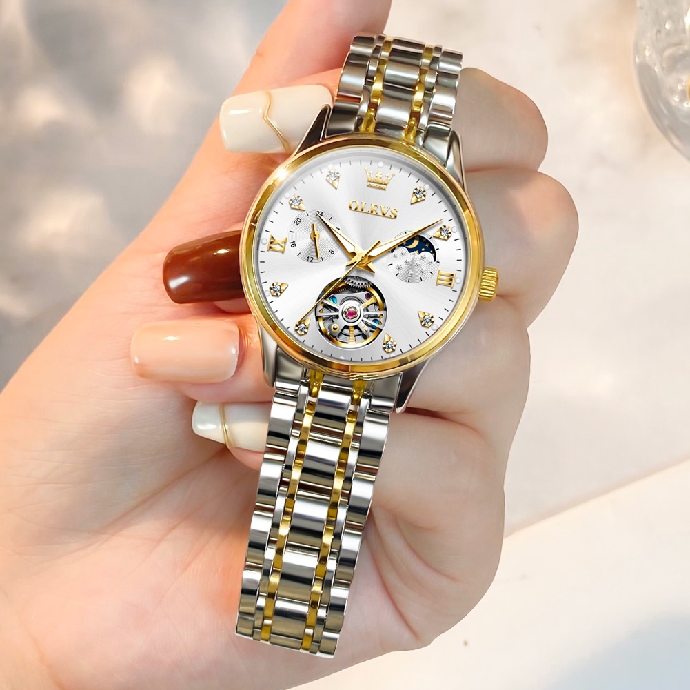 OLEVS Jam Tangan Wanita Automatic Original Women Watch Stainless steel Tourbillon Mekanis