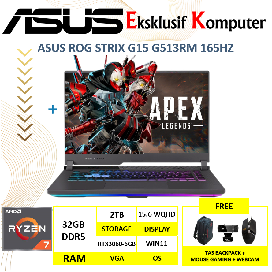 Laptop Gaming Asus ROG Strix G15 G513RM Amd Ryzen 7 6800H 32GB 2TB SSD RTX3060-6GB 15" IPS 165Hz W11