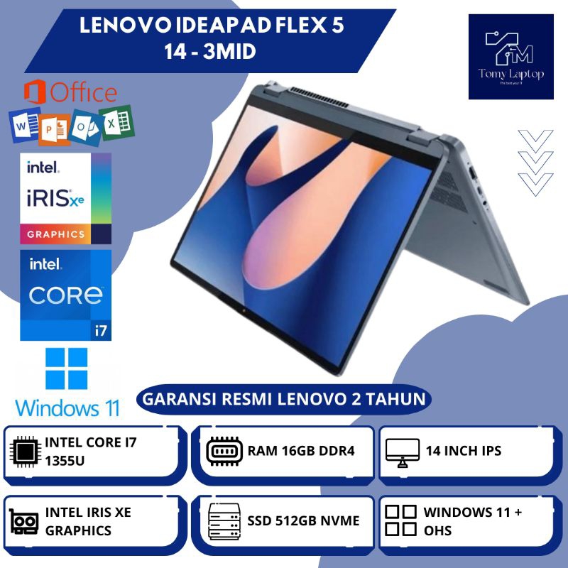 LAPTOP BARU LENOVO IDEAPAD FLEX 5 14/ INTEL CORE I7-1355U/ RAM 16GB DDR4/ SSD 512GB NVME/ 14INCH IPS