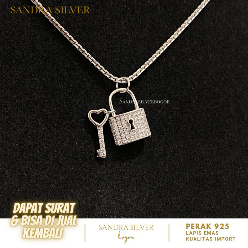 Kalung liontin gembok kunci perak 925 lapis emas putih - silver 925
