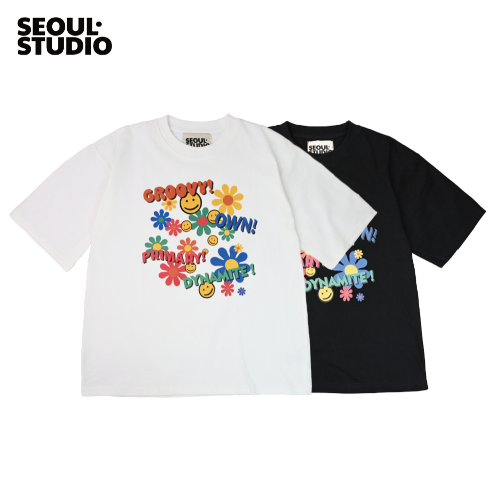 [SEOULSTUDIO] Smiley Flower Oversize T shirt | Kaos Baju Pria Cowok Cewek 16s Tebal Vintage