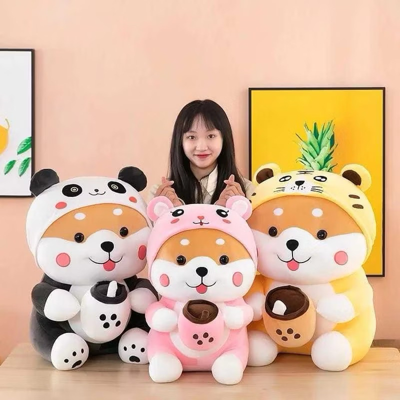 Boneka Shiba Inu pegang Boba  MilkTea 30Cm Bahan Plush Premium