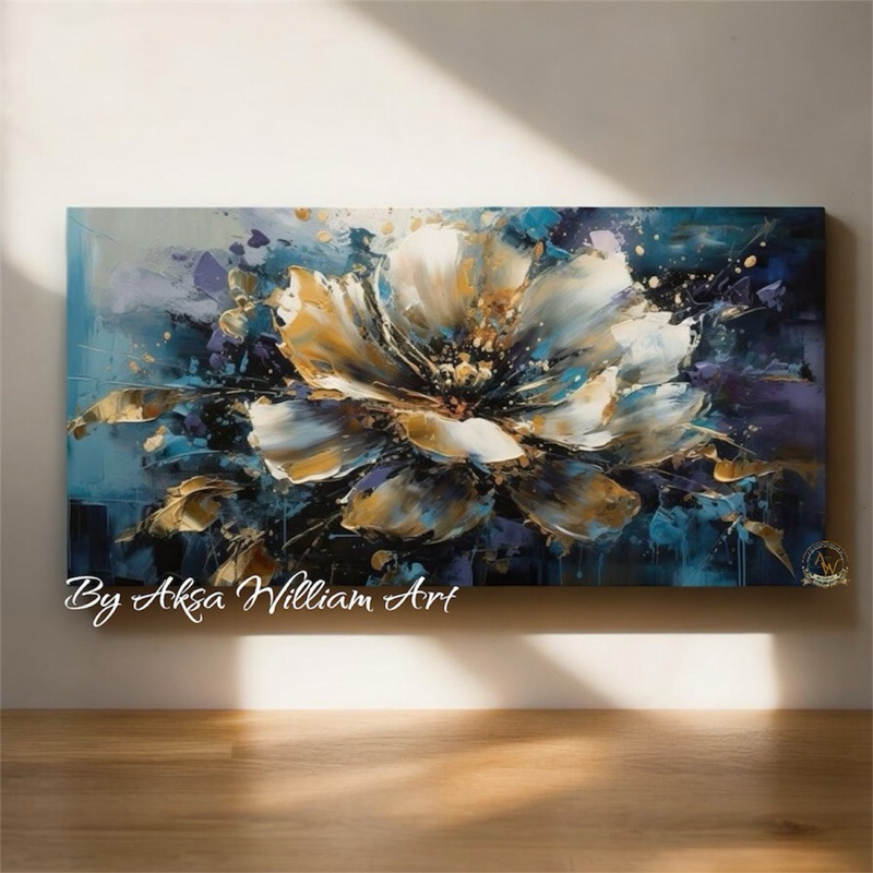 

lukisan abtrak bunga blue and gold minimalis art