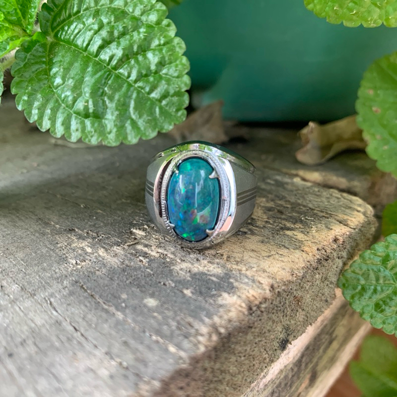 Cincin Batu Natural Kalimaya Black Opal HQ Memo Ring Monel Doff Handmade Ring Size 9,5