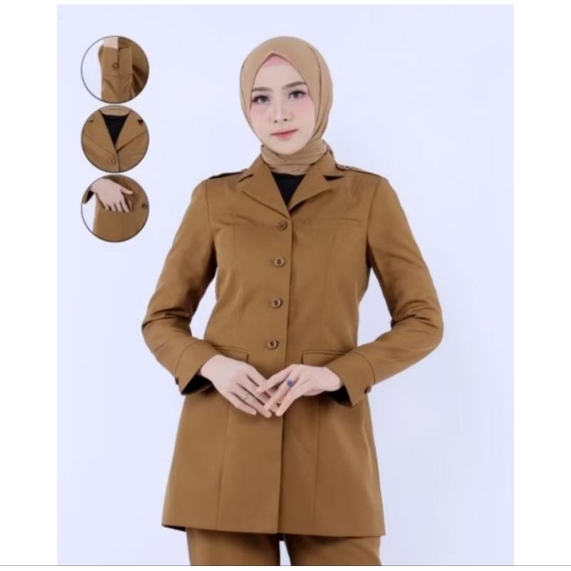 Setelan Blazer Khaki Gelap Guru Wanita - PDH Pemda ASN Wanita Set Rok dan Celana