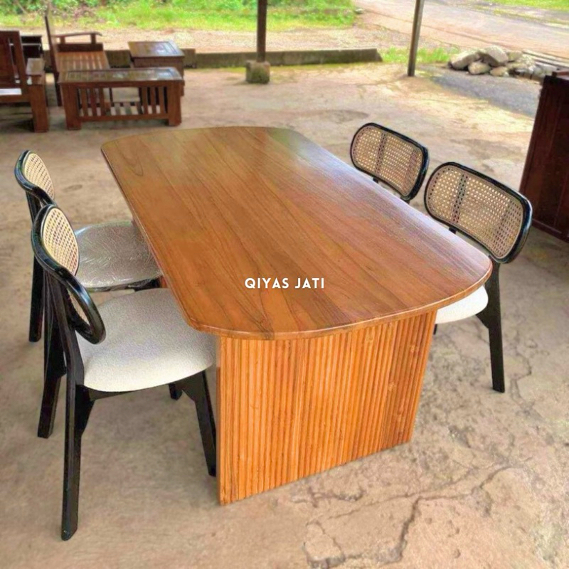 Meja makan minimalis, Meja makan set 4 kursi, Set meja makan 4 kursi jati rotan asli
